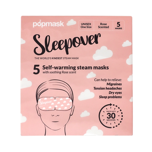 Packaging of Sleepover Self Warming Steam Mask | Popmask in soft pink, featuring five rose-scented steam masks designed for skincare and relief from migraines, tension headaches, dry eyes, and sleep problems.