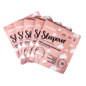 Six pink packets of Sleepover Self Warming Steam Mask | Popmask displayed fanned out, featuring white cloud designs and product details on each pouch.