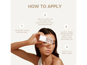 Step-by-step instructions on how to apply Face Tan Water - Dark | NUDA, shown with a woman holding the product near her face, emphasizing skincare and tan development.