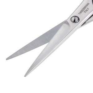 Close-up view of stainless steel moustache scissors with sharp, pointed blades from Moustache Scissors & Comb | Tweezerman, designed for precise grooming.