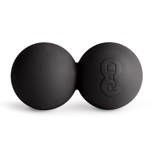 Black double lacrosse massage ball with a smooth matte finish and the embossed RAD logo, designed for targeted muscle recovery and myofascial release, RAD Roller Stiff | RAD.
