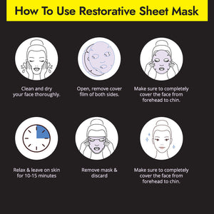 Instructions for using the Restorative Facial Sheet Mask Set - 2 Mask Kit | 7e Wellness, including cleaning the face, removing cover film, applying and covering from forehead to chin, leaving on for 10-15 minutes, then removing the mask.