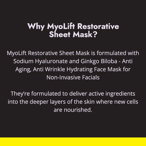 Text on black background explaining MyoLift Restorative Sheet Mask benefits, highlighting anti-aging, anti-wrinkle hydrating formula with Sodium Hyaluronate and Ginkgo Biloba for non-invasive facials, promoting deeper skin nourishment with Restorative Fac