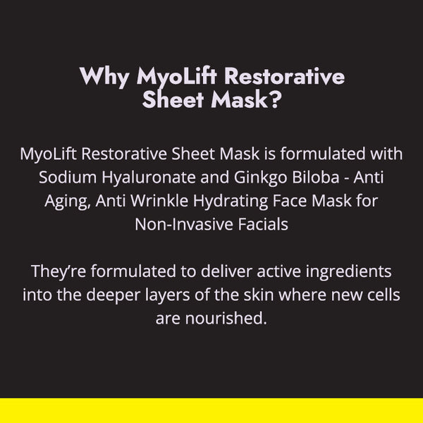 Text on black background explaining MyoLift Restorative Sheet Mask benefits, highlighting anti-aging, anti-wrinkle hydrating formula with Sodium Hyaluronate and Ginkgo Biloba for non-invasive facials, promoting deeper skin nourishment with Restorative Fac