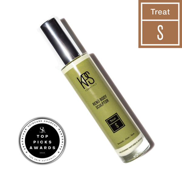 Renū Body Sculptor | Kindness Powered Skincare in a sleek green bottle with a silver cap, placed alongside a skincare award badge and a "Treat S" label.