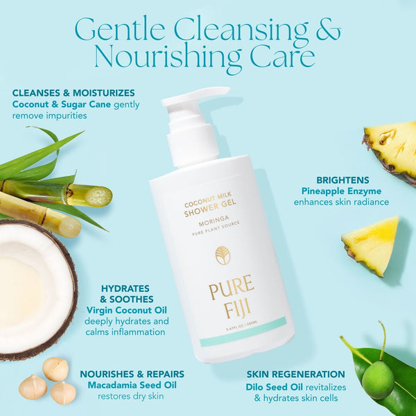 Bottle of Coconut Milk Shower Gel | Pure Fiji surrounded by natural ingredients including coconut, sugar cane, pineapple slices, macadamia seed oil, virgin coconut oil, and dilo seed oil, highlighting its gentle cleansing, moisturizing, brightening, and s