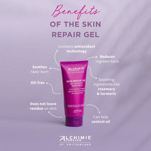 Skin Repair Gel | Alchimie Forever in a purple tube displayed with text highlighting benefits such as soothing razor burn, reducing ingrown hairs, oil-free formula, antioxidant technology, rosemary and turmeric ingredients, and controlling oil for skincar