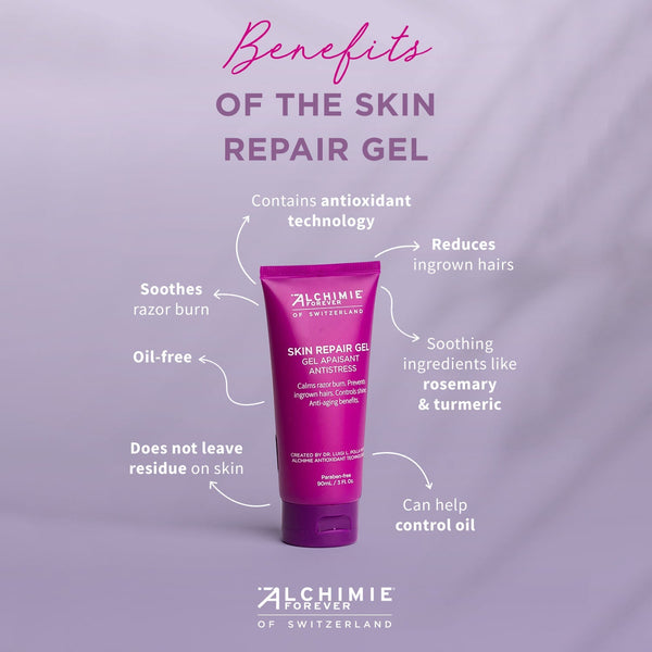 Skin Repair Gel | Alchimie Forever in a purple tube displayed with text highlighting benefits such as soothing razor burn, reducing ingrown hairs, oil-free formula, antioxidant technology, rosemary and turmeric ingredients, and controlling oil for skincar
