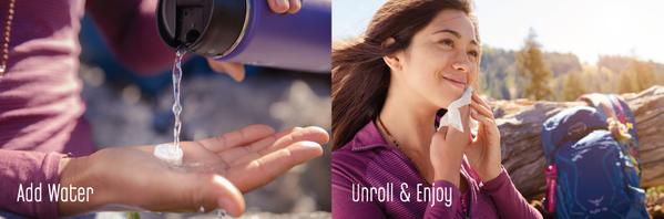A woman outdoors using Essential Wipes Plus - Single Sachet | Functional Botanicals, showing the steps to add water to the wipe and then unroll and enjoy, promoting skincare and wellness.