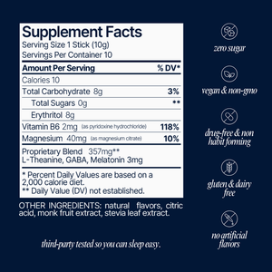 Supplement facts label for Sleep Aid Powder Drink Mix 10 pk - Cherry | Som Sleep showing ingredients including vitamin B6, magnesium, L-Theanine, GABA, melatonin, zero sugar, vegan, gluten and dairy free, and no artificial flavors.