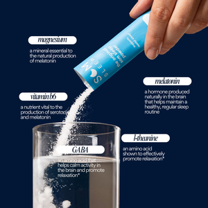 Hand pouring Sleep Aid Powder Drink Mix 10 pk - Cherry | Som Sleep into a clear glass of water, with text highlighting ingredients magnesium, melatonin, vitamin b6, GABA, and l-theanine and their benefits for relaxation and sleep.