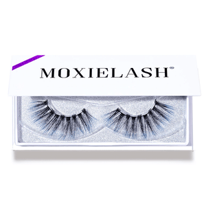 Luxury false eyelashes with a natural voluminous design in a silver glitter case, labeled Stormy Lash - Colored | Moxielash.