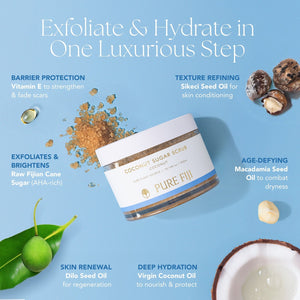 Jar of Coconut Sugar Scrub | Pure Fiji surrounded by natural ingredients including raw cane sugar, macadamia nuts, coconut, and green seeds, highlighting its skincare benefits like exfoliation, hydration, and skin renewal.