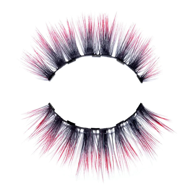 Pair of dramatic false eyelashes with black and bright red tips designed for a bold look, part of the Sunny Lash - Colored | Moxielash collection.