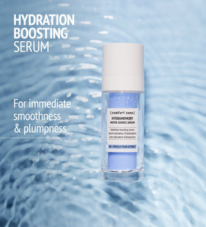Bottle of Hydramemory Water Source Serum | [ comfort zone ] displayed on a blue water ripple background with text highlighting hydration boosting for smoothness and plumpness in skincare.