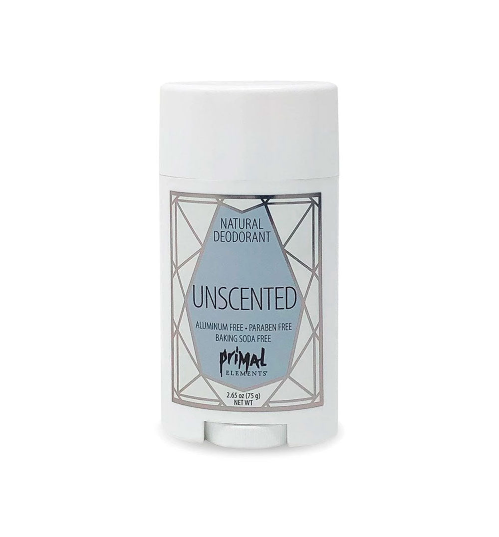 Natural Deodorant 2.65 oz. - UNSCENTED | Primal Elements in a white container, aluminum-free and paraben-free formula for gentle, effective body care and skincare.
