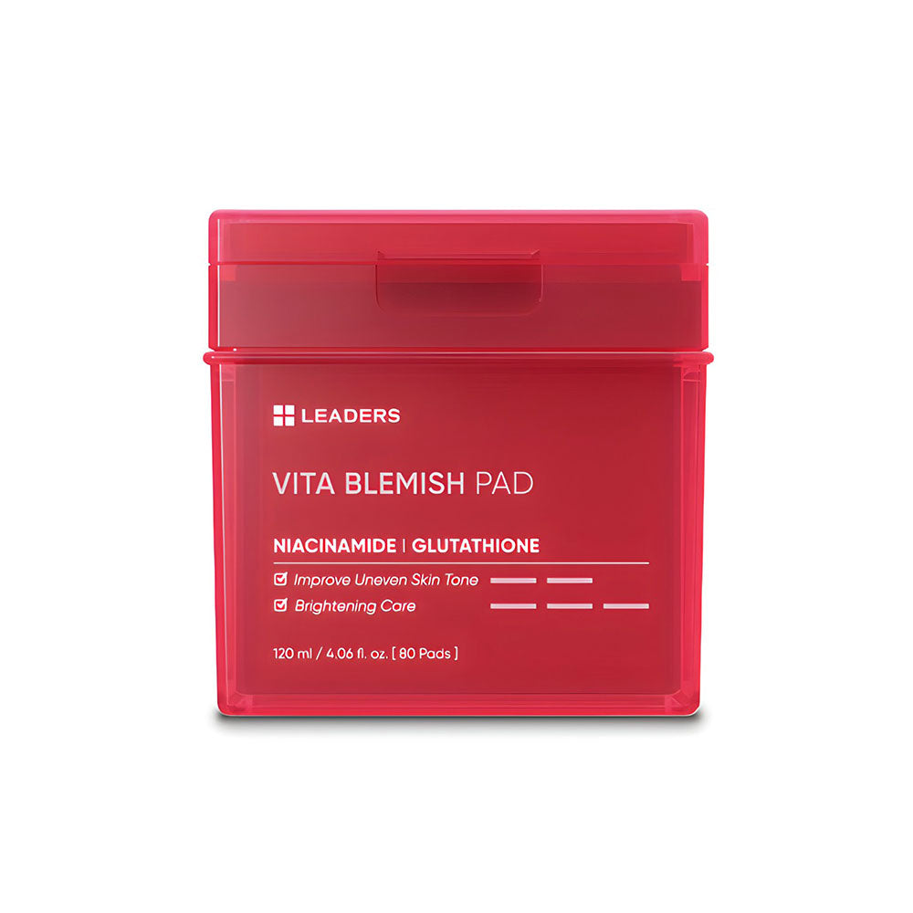 Red rectangular container with white text for Vita Blemish Pad | Leaders featuring niacinamide and glutathione for skincare and brightening care.