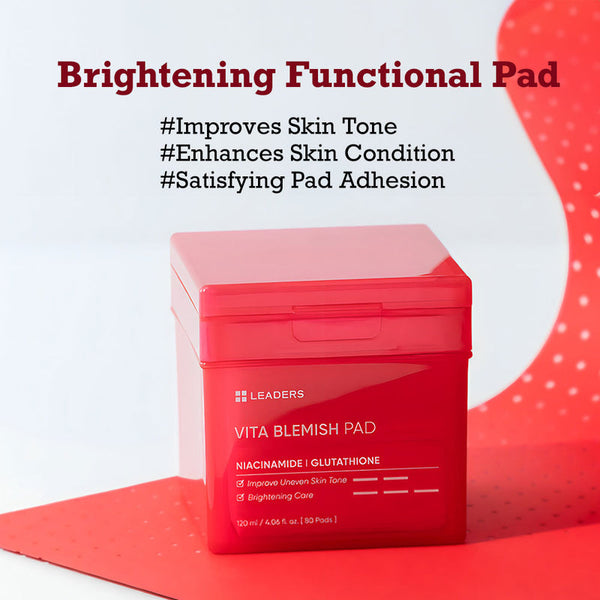 Bright red container of Vita Blemish Pad | Leaders against a white and red background, promoting skincare benefits like improving skin tone and enhancing skin condition.