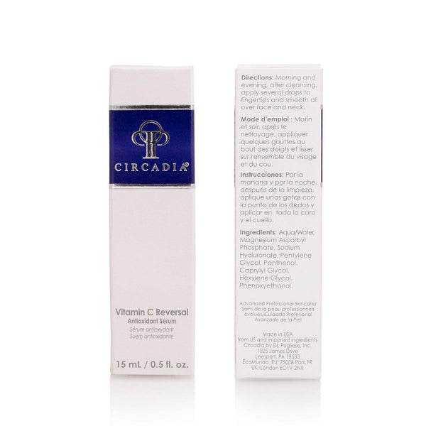 Box packaging of Vitamin C Reversal Serum (Professional) | Circadia showing front with logo and product name and back with directions, ingredients, and usage instructions for skincare.