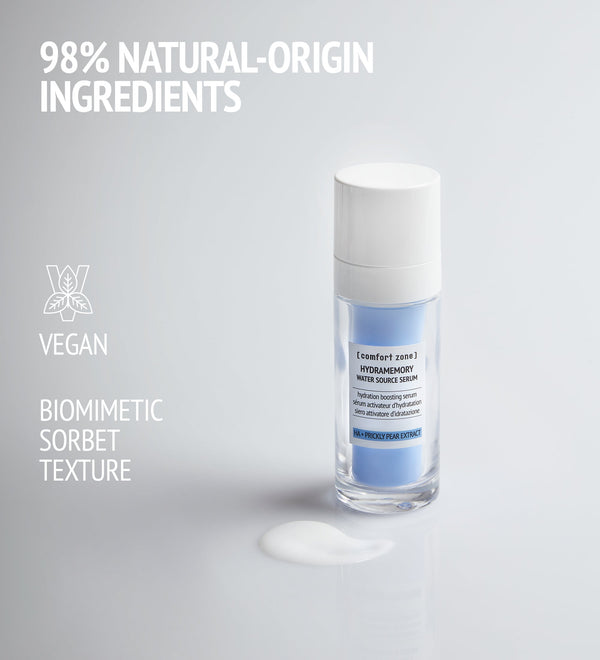 Hydramemory Water Source Serum | [ comfort zone ] in a clear bottle with white cap, shown with creamy serum texture on a light background emphasizing natural-origin ingredients and vegan formula.